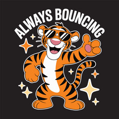 Happy cartoon tiger bouncing with energy and joy, spreading positivity and childhood nostalgia, vector illustration design
