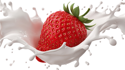 Strawberry falling into milk