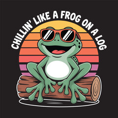 Cool frog wearing sunglasses chilling on a log at sunset with retro sunset background, vector illustration design.