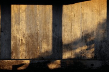 Abstract shadows dance across rustic barn walls, creating a soft interplay of summer light and aged wood grain.