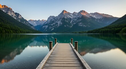 Lake and Mountain Scene with Wooden Pier