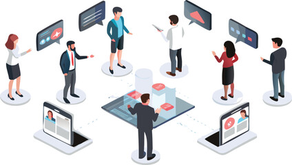 Isometric illustration of a virtual meeting with people and digital communication tools shown