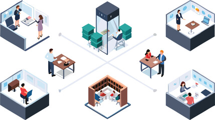 Isometric view of office spaces with employees working in different cubicles and meeting rooms