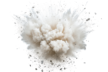 White powder explosion frozen in time isolated on transparent background. Powerful explosion with debris and dust particles suspended in mid air isolated on white background.