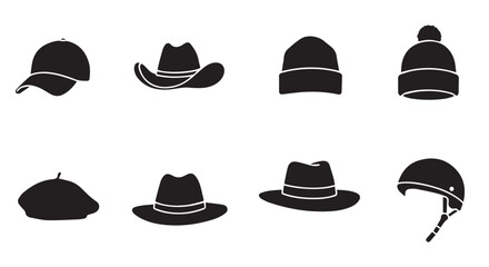 Eight black silhouette headwear icons including baseball cap cowboy hats beanies fedora and helmet