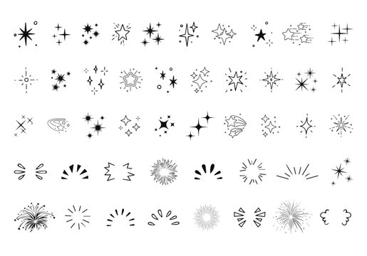 Doodle line sparkle vector set, sparkling star, dynamic light cartoon explosion comic burst twinkle star, shining stars firework effect, decorative glowing highlight hand-drawn flash elements