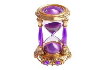 Ornate antique hourglass with purple sand isolated on transparent background. Purple hourglass with sand icon isolated on white background, 3d render.