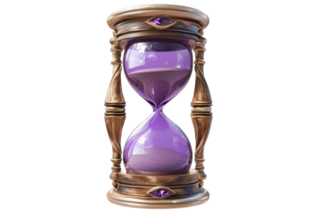 Purple hourglass with sand flowing isolated on transparent background. Purple hourglass with sand icon isolated on white background, 3d render.
