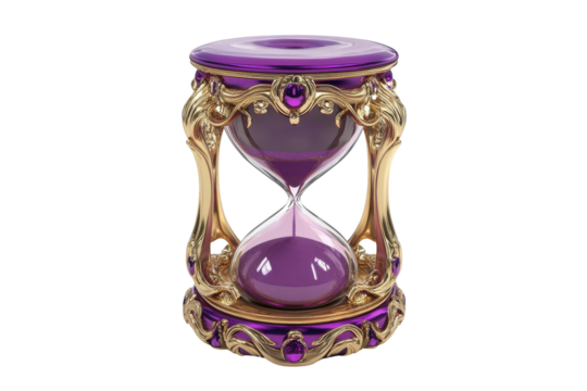 Ornate antique hourglass with purple sand isolated on transparent background. Purple hourglass with sand icon isolated on white background, 3d render.