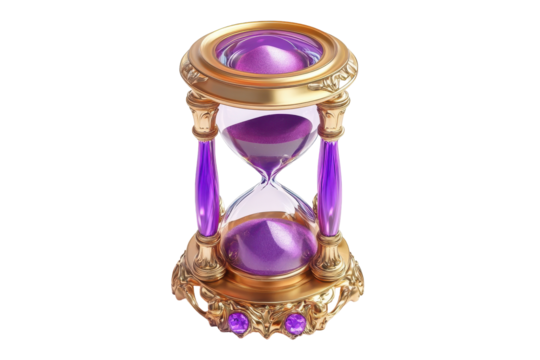 Ornate antique hourglass with purple sand isolated on transparent background. Purple hourglass with sand icon isolated on white background, 3d render.