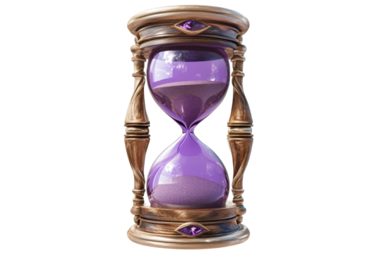Purple hourglass with sand flowing isolated on transparent background. Purple hourglass with sand icon isolated on white background, 3d render.