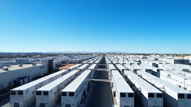 Rows of white modular buildings stretching across a vast industrial complex under a clear blue sky