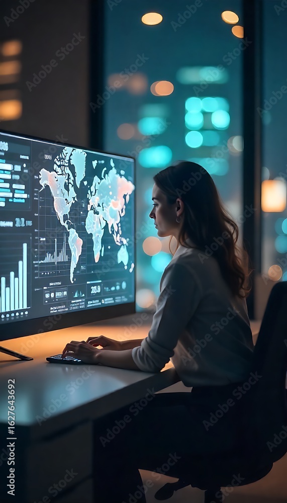 Poster generative ai empowering data analysis with global insights in a modern office