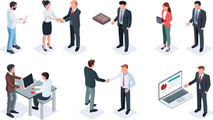 Isometric illustration of business professionals collaborating and interacting in various scenarios
