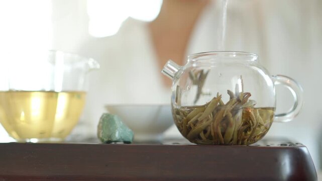 Female pouring single bud white tea in clear glass Cha Hai creating serene ritual. Soft light, pitcher on wooden tea tray evoke calming mindful Chenese ceremony atmosphere 4K video