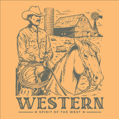 Vintage western cowboy illustration riding horse with barn, windmill, and farm background, spirit of the west design