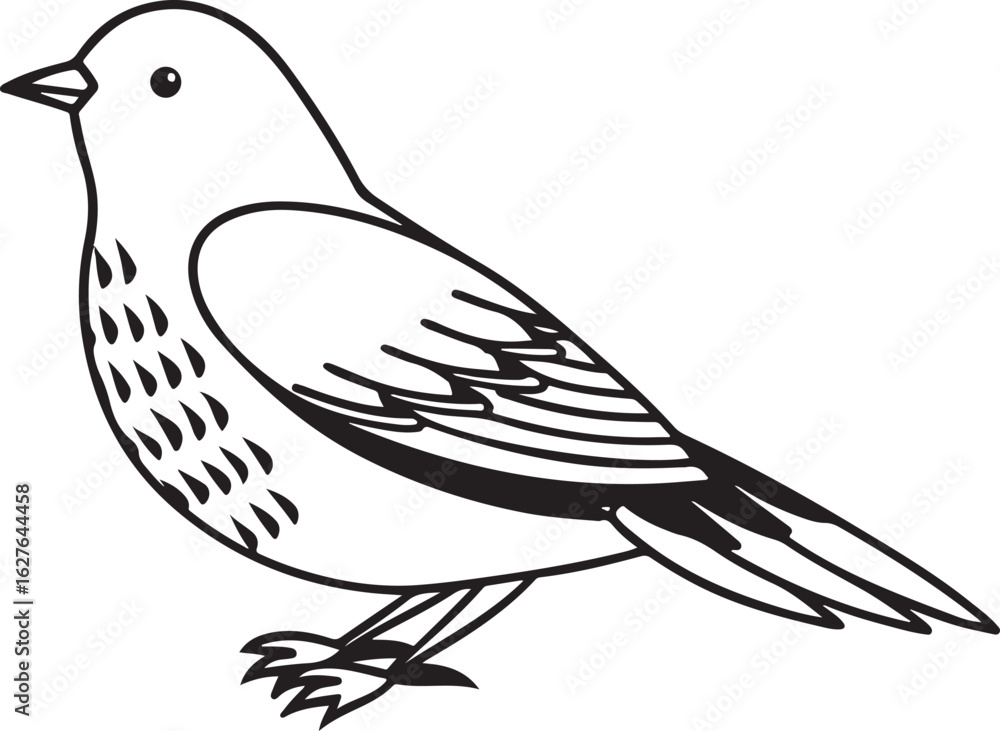 Poster a simple black and white line drawing of a small bird with detailed feathers and a gentle expression