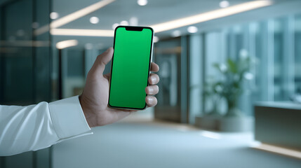Hand Holding Modern Smartphone with Blank Green Screen in Blurred Office Environment