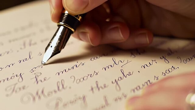 Hand holding fountain pen writing a heartfelt letter on aged paper