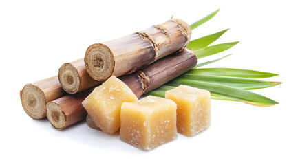 Isolated sugarcane and natural jaggery against a white background