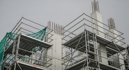 Construction site scaffolding framework and concrete structures against overcast sky