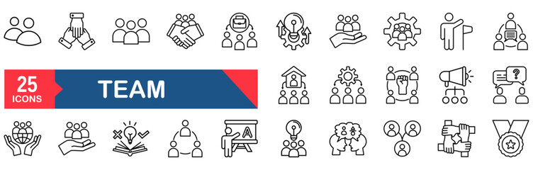 Team Web Icon Set in Line Style. Collection of Teamwork Linear Icons, Including team building, workshop, human resources, business people, group, team, organization, community.