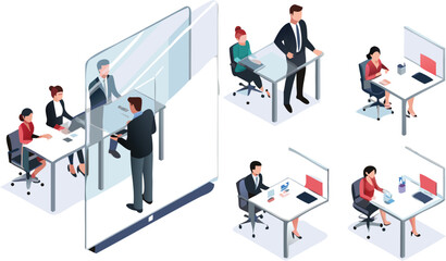 Isometric office scene depicting employees working at desks with dividers and a meeting room setup
