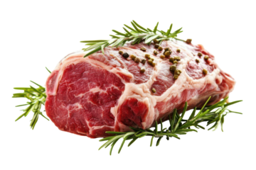 Raw prime rib roast with herbs and vegetables isolated on transparent background. Raw whole lamb leg isolated on white background.
