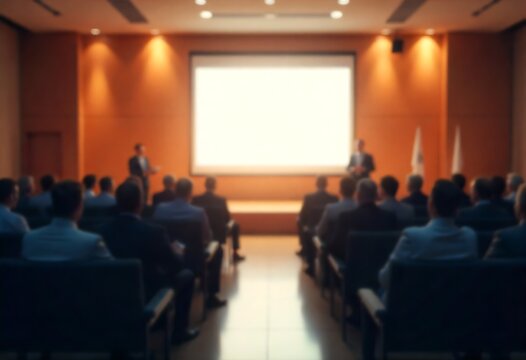 Generative AI Business conference with blurred audience listening to presentation