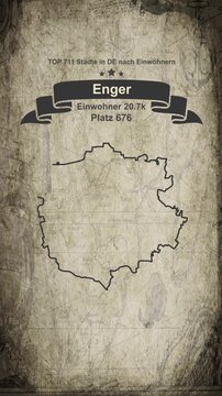 Enger map vertical video - Biggest cities of Germany drawn on a cartography background