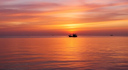 Boat at Sea During Orange Sunset