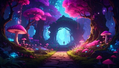 Mystical anime forest with glowing mushrooms, bioluminescent plants in vivid colors, fantasy anime foto, 