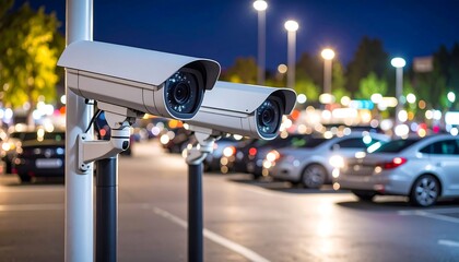 Two security cameras mounted on poles overlook a nighttime parking lot filled with cars