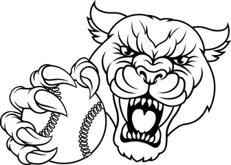 A panther, leopard or cougar wildcat jaguar cat baseball softball team mascot holding a ball