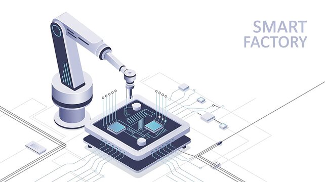 3D isometric illustration of robotic arms automating a conveyor belt in a smart factory. Concept of AI-powered industry, manufacturing, and efficient production line