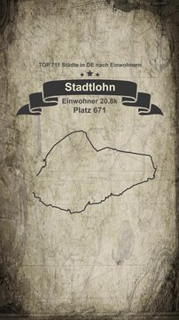 Stadtlohn map vertical video - Biggest cities of Germany drawn on a cartography background