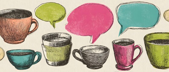 Colorful Coffee Cups and Conversational Speech Bubbles