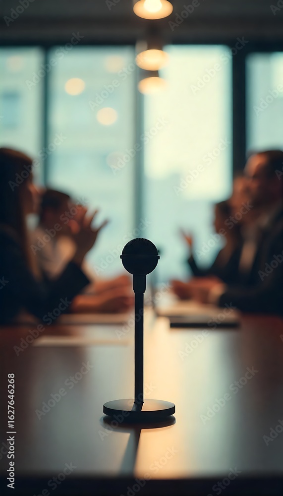 Poster generative ai conference room discussion with microphone in focus and blurred team members