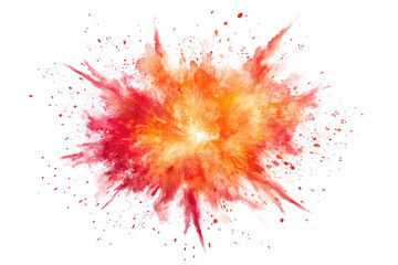 Explosion of vibrant red and orange powder isolated on transparent background. Red and orange fireworks exploding isolated on white background.