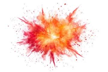 Explosion of vibrant red and orange powder isolated on transparent background. Red and orange fireworks exploding isolated on white background.