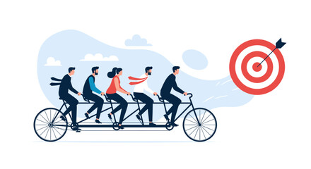 Collaborative team riding tandem bicycle towards business goal achievement