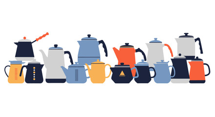 Variety of coffee pots and kettles arrayed collection for beverage preparation