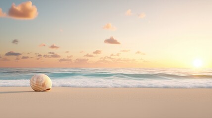 Obraz premium Seashell on Tropical Beach at Sunset with Ocean Waves seashell beach ocean sunset tropical shell sea
