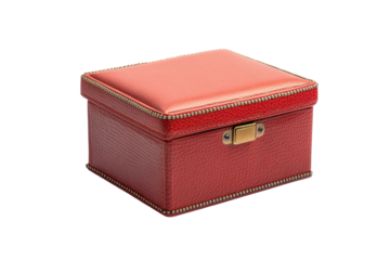 Antique red decorative box with ornate details isolated on transparent background. Red gift box isolated on white background.