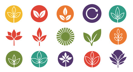 Collection of various nature inspired icons including leaves and sun symbols for eco friendly concepts