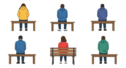 Individuals sitting on benches facing away from the viewer demonstrating social spacing and personal space