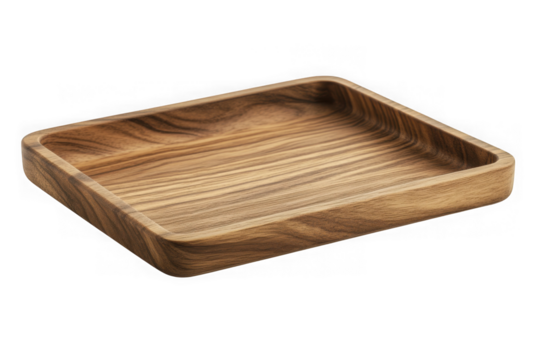 Wooden serving tray, rustic wood plate, decorative food display tray, kitchen table centerpiece, square shape isolated on transparent background - Powered by Adobe