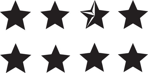 Fototapeta premium Eight Black Stars in Two Rows with One Star Fragmented on White Background five pointed star shape