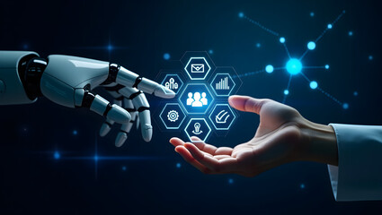A futuristic digital interface featuring a robotic hand and a human hand reaching toward each other, interacting with a glowing holographic display. The central icon shows 
