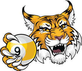 Wildcat, bobcat or lynx nine ball pool billiards sports mascot holding a 9 ball cartoon illustration